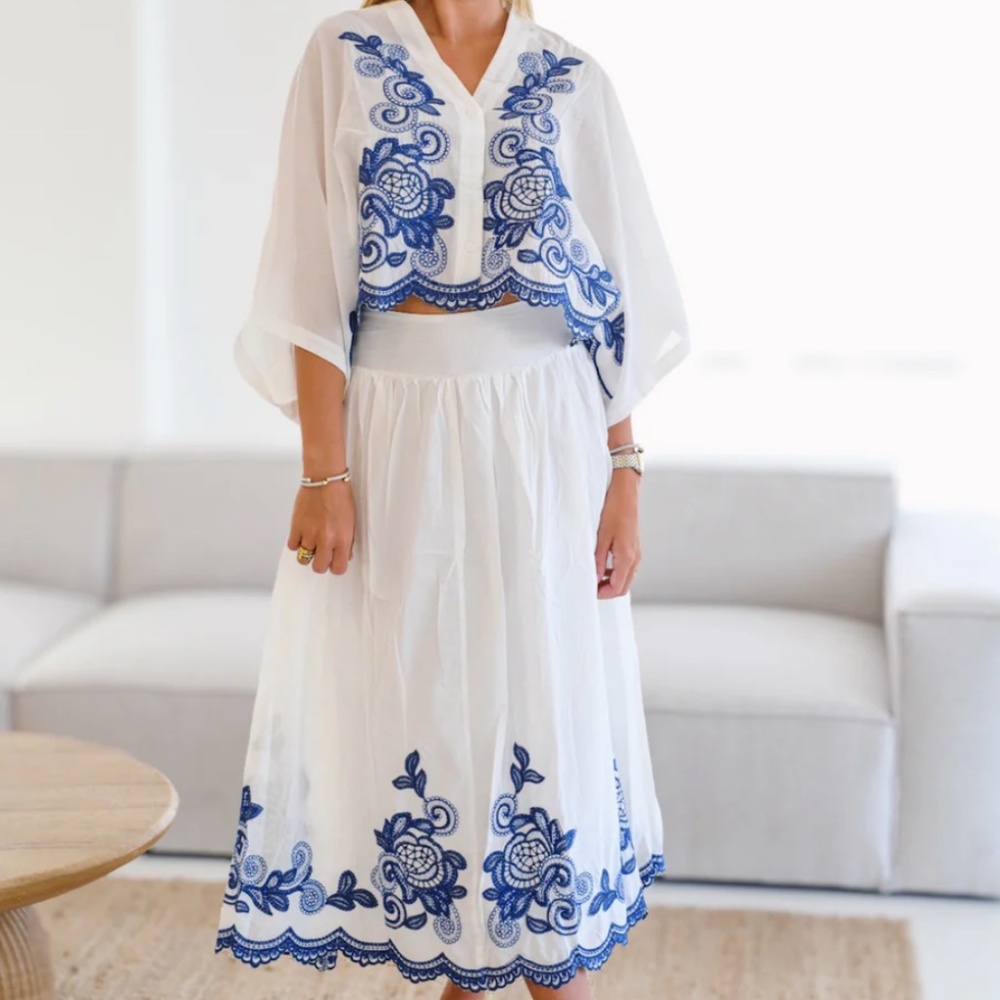 Angela Embroidered Skirt Set - Blue/White